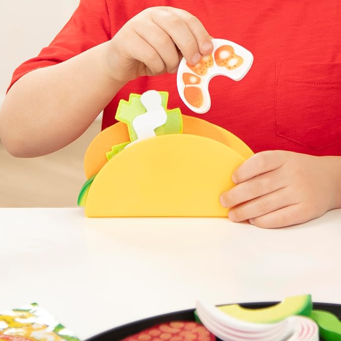 Melissa & Doug Fill & Fold Taco & Tortilla Set, 43 Pieces – Sliceable Wooden Mexican Play Food, Skillet, and More - FSC Certified