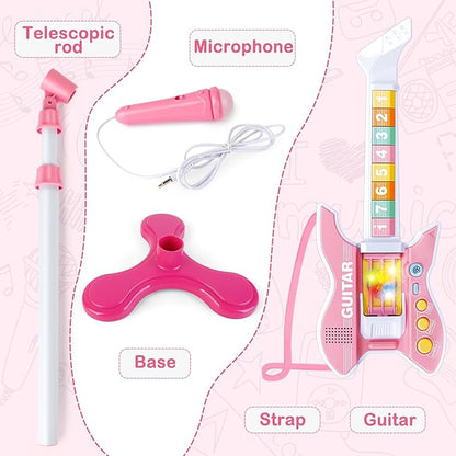 deAO Kids Guitar and Microphone Set with Stand Adjustable Height Music Light Karaoke Music Toys Christmas Birthday Gift for Kids Boys Girls (Pink)
