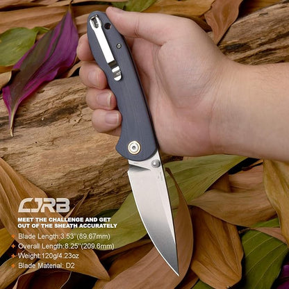 CJRB Folding Knife Feldspar Pocket Folding Knife Stonewash D2 Steel Blade G10 Tactical Handle EDC Knife,Blue Handle-Large(J1912)