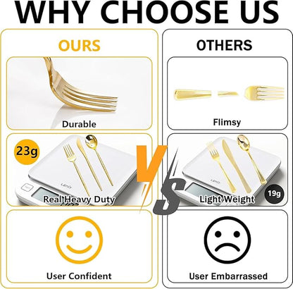 Rubtlamp 90Pcs Thanksgiving Gold Plastic Silverware, Gold Disposable Thanksgiving Utensils, Hammered Plastic Silverware, Gold Plastic Forks And Spoons Set Include 30 Forks, 30 Knives,30 Spoons