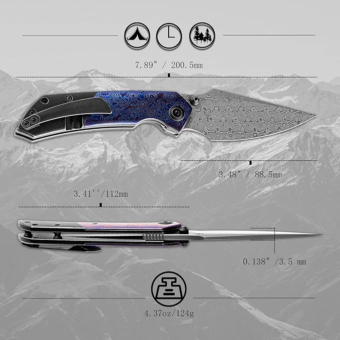 KANSEPT Fenrir Pocket Folding Knives for Men Women EDC Camping Fishing Knives 3.48'' Damascus Harpoon Blade Knives with Black Stonewashed Titanium Timascus Handle and Ti Clip Tactical K1034A8