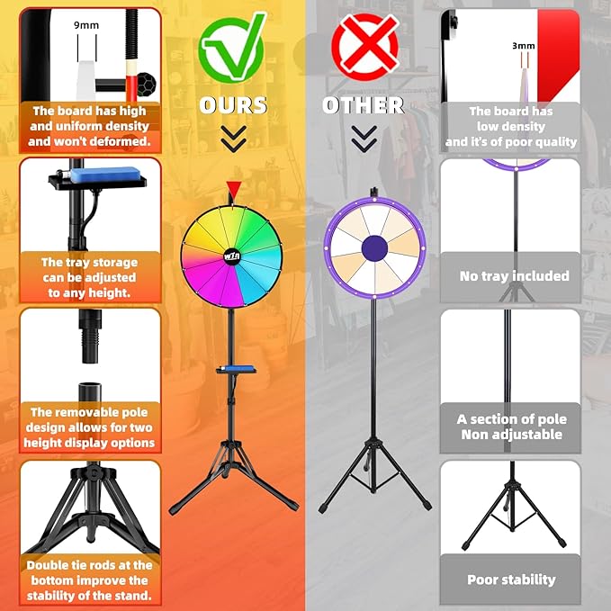 16 Inch Prize Wheel,Spinning Wheel with Adjustable Folding Tripod Floor Stand,12 Slots,1Bracket, Dry Erase Kit - Wheel of Fortune Game for Carnival, Casino & Trade Show.