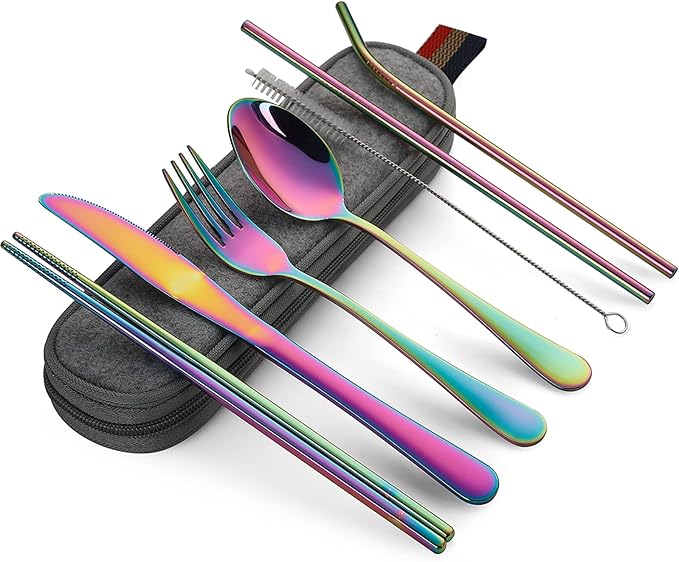 DEVICO Portable Utensils, Travel Camping Cutlery Set, 8-Piece including Knife Fork Spoon Chopsticks Cleaning Brush Straws Portable Case, Stainless Steel Flatware set (Rainbow)