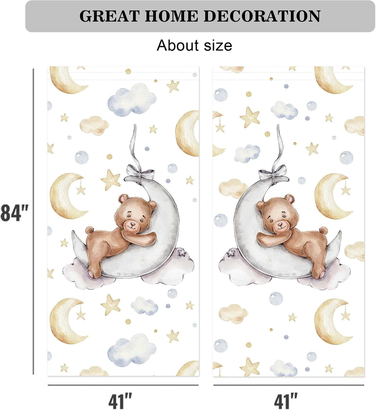 82" Wx 84" L Cartoon Lovely Bear Moon and Stars Window Curtains for Baby Room Bedroom Nursery Home Decor Decorations with Fabric Machine Washable