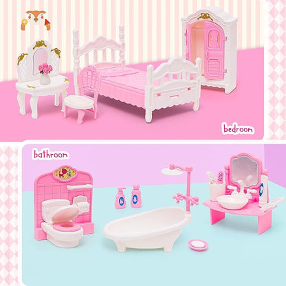 45 Pcs Dollhouse Furniture Set Accessories Doll House Mini Furniture Pretend Play Bedroom Living Room Bathroom Kitchen for Kids Birthday and Christmas Pink