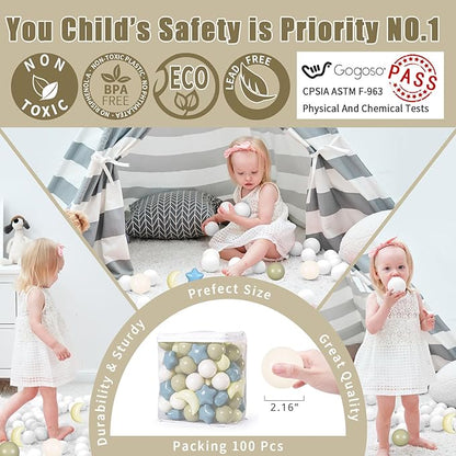 GOGOSO Ball Pit Balls Stars Moon Shapes Plastic Pitballs for Toddler Play Tent Baby Photo Props Kids Pool Water Toys Kiddie Pool Party Decor, Cream Blue+Yellow+Green+White,100PCS