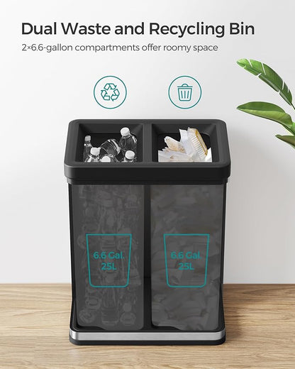 SONGMICS 2 x 6.6 Gallon Open Top Trash Can, Dual Compartment Garbage Can