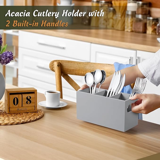 DRASTAR Wooden Silverware Caddy, Flatware Cutlery Holder, Kitchen Utensil Holder