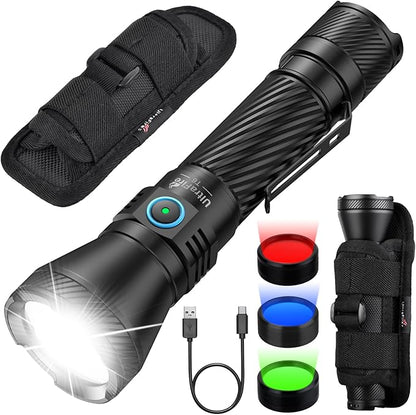 ULTRAFIRE Police Tactical Flashlight with Holster for Duty Belt, 1800 Lumen LED Rechargeable Flashlight for Law Enforcement, 1804 FT Long Range, 3 Filter Lenses, 4 Modes with Dual Switches