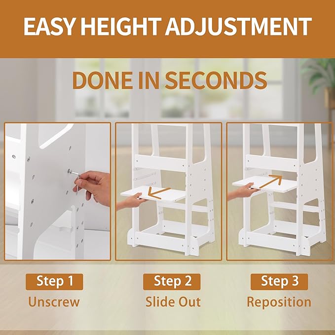 Toddler Kitchen Helper Tower for Ages 1–6 – 3-Level Adjustable Learning Tower with Safety Design, Toddler Standing Tower & Kitchen Helper Stool, CPC Certified, White