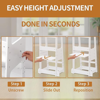 Toddler Kitchen Helper Tower for Ages 1–6 – 3-Level Adjustable Learning Tower with Safety Design, Toddler Standing Tower & Kitchen Helper Stool, CPC Certified, White