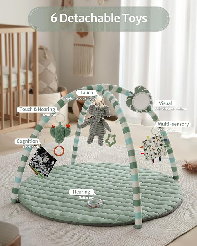Blissful Diary Baby Play Gym Mat, Play Mat Activity Mat with 6 Detachable Toys for Stage-Based Sensory & Motor Skill Development, Easy to Install & Clean, Baby Essentials Gift, Sage Green