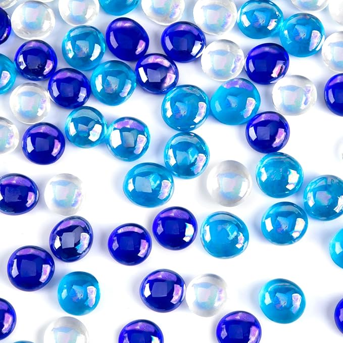 FUTUREPLUSX 1LB Iridescent Flat Glass Marbles, Vase Fillers Blue Mixed Glass Beads Rocks for Fish Tank Aquarium Decor DIY Craft