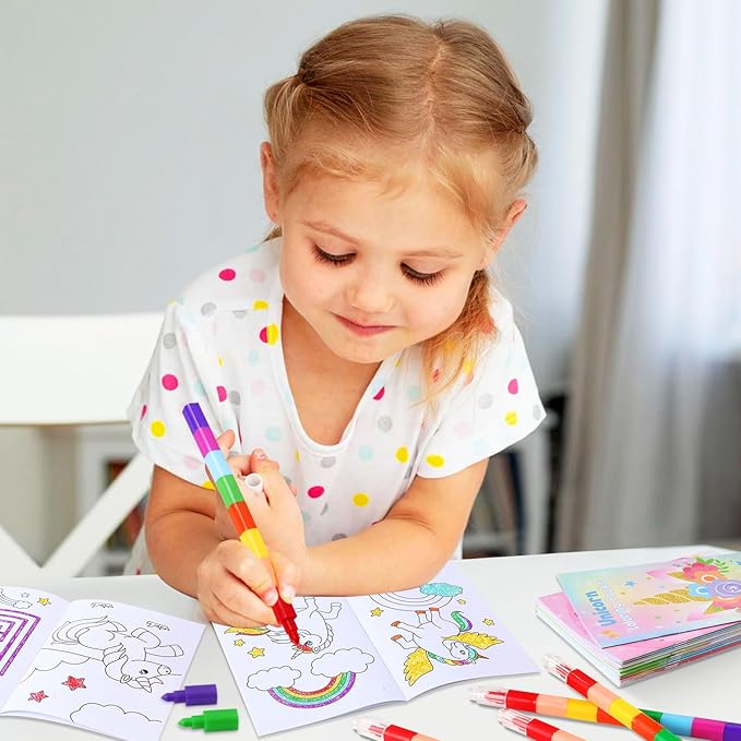 BenLouis 12 Unicorn Mini Coloring Books Kids with 12 Stacking Crayons Unicorn Birthday Party Favors Small Activity Books Bulk for Kids Rainbow Party Gift Goodie Bag Stuffers