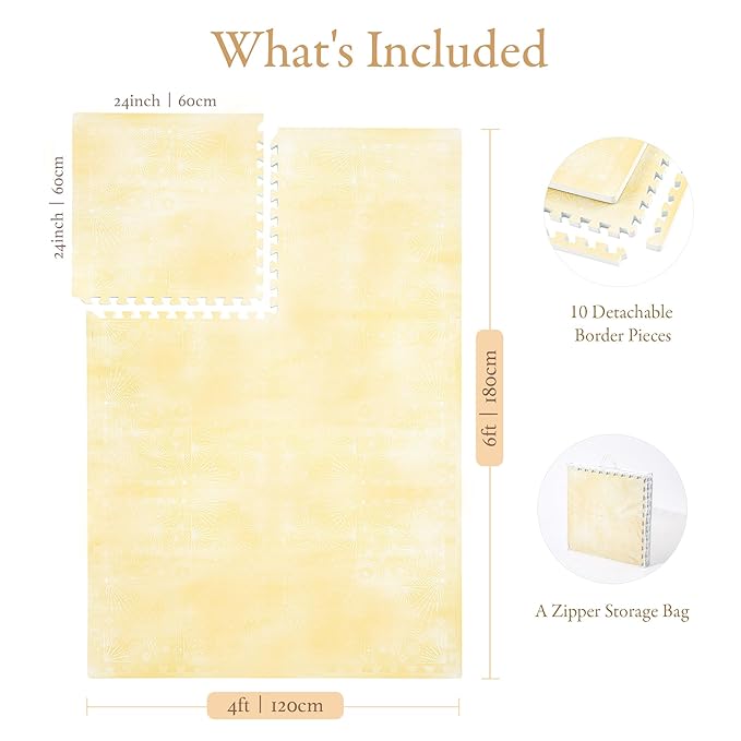 PopsyKosy Super 1 Inch Thick Premium Quality Exercise & Baby Foam Play Mats - Expandable & Large Non-Toxic Odorless Floor Mat - 6 Tiles Spacious 6x4ft - Peel-Resistant - Champagne Yellow