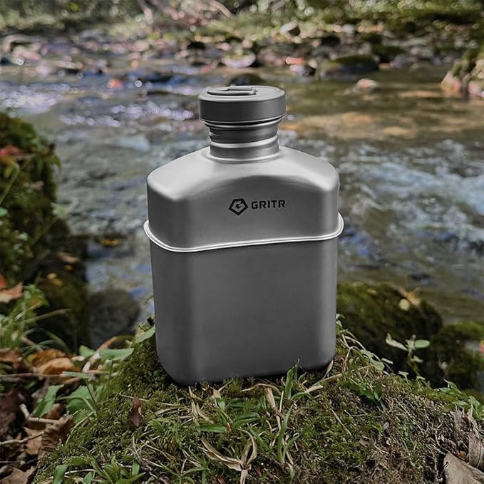 GRITR Titanium Canteen Mess Kit | Compact Portable Camping Open Fire Cookware Set for Backpacking, Hiking, Fishing | Ultralight Durable Outdoor Camp Cooking Utensils - Storage Bag Included