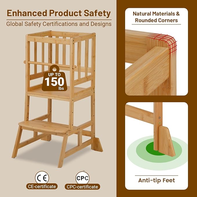 COSYLAND Toddler Standing Tower - Adjustable Height Toddler Kitchen Stool Helper - Kids Kitchen Step Stool for Learning with Removable Safety Railing Natural