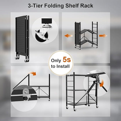 Himix Storage Shelves with 6 Hooks, 3 Tier Foldable Shelf with Wheels, Metal