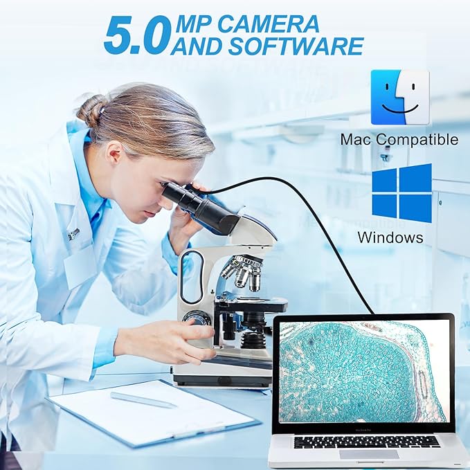 Swift Digital Binocular Compound Microscope 40X-2500X, with 5MP USB Camera, Two-Layer Mechanical Stage and Software Windows and Mac Compatible and Slides,Siedentopf Head,Research-Grade