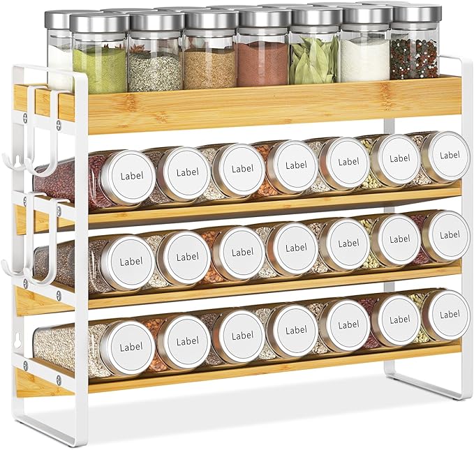 EsLuker.ly Spice Seasoning Rack Organizer Kitchen Countertop, 4 Tier Bamboo