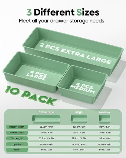 10 Pack Large Size Plastic Drawer Organizers Set, 3 Sizes Desk Drawer Organizer