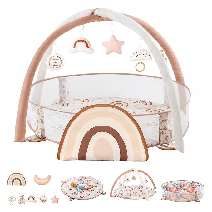 Crisschirs 6-in-1 XL Large Baby Gym & Ball Pit, Play Mat & Play Gym, Combination Baby Activity Gym with Milestone Cards for Sensory Exploration and Motor Skill Development, Balls are not Included
