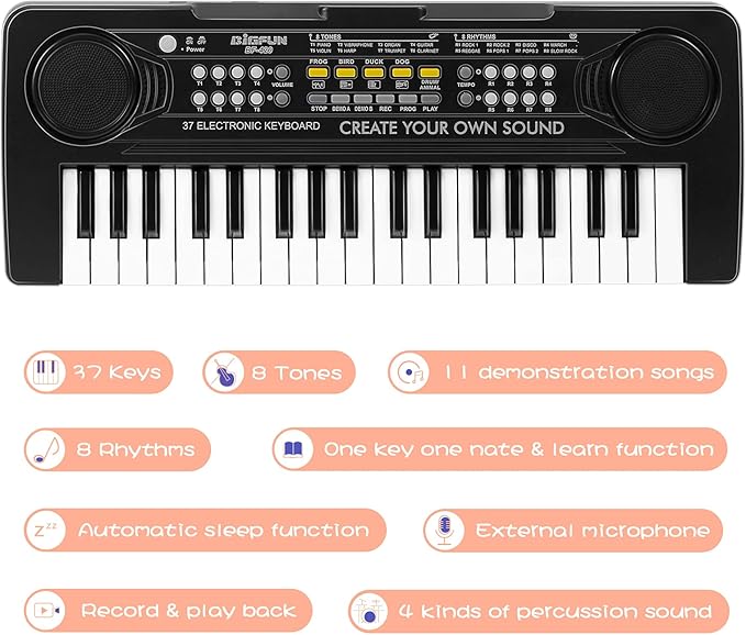 Raimy 37 Keys Piano Keyboard for Kids, Portable Keyboard Piano Early Learning Educational Electronic Musical Instrument Toys Gifts for 3 4 5 6 7 8 9 Year Old Boys and Girls (Black)