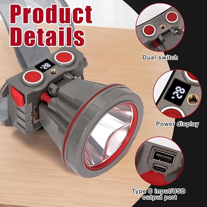 Super Bright Coon Hunting Headlamp, High Lumen LED Headlight with Battery Level Display, Waterproof Rechargeable Spotlight, Hands-Free 2 Light Modes for Hunting & Outdoor Activities (Yellow Light)