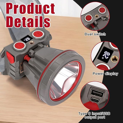 Super Bright Coon Hunting Headlamp, High Lumen LED Headlight with Battery Level Display, Waterproof Rechargeable Spotlight, Hands-Free 2 Light Modes for Hunting & Outdoor Activities (Yellow Light)