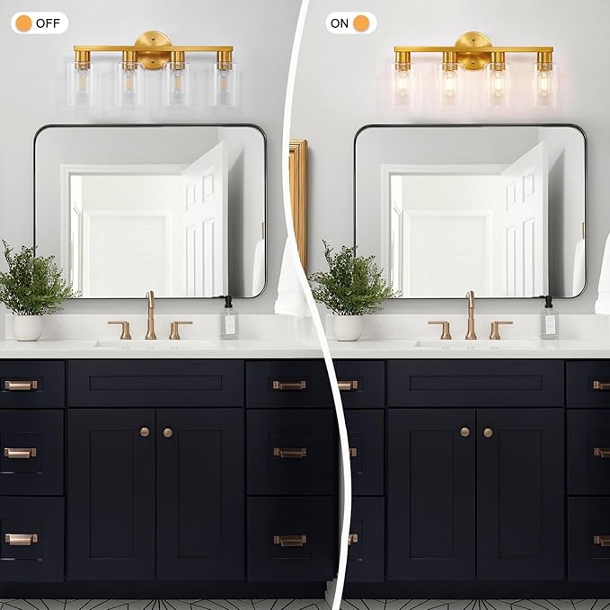 4 Light Gold Bathroom Vanity Light, Brushed Brass Bathroom Light Fixtures