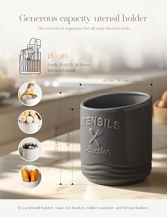 AISBUGUR Large Ceramic Utensil Holder 7.5" H×6.3" W