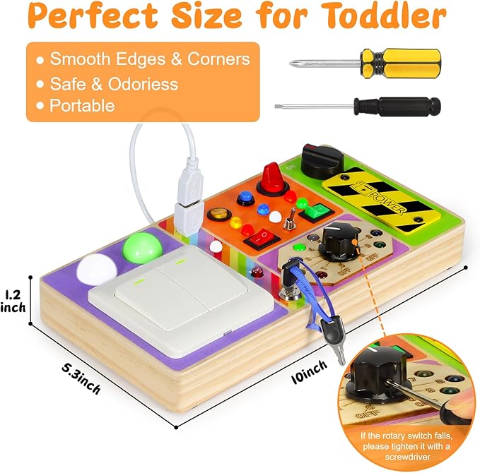 Busy Board Montessori Toys Wooden Sensory Board with 19 LED Light, Switch, Button Travel Activity Educational Learning Toddler Toys for 1-3 Year Old Boy and Girl