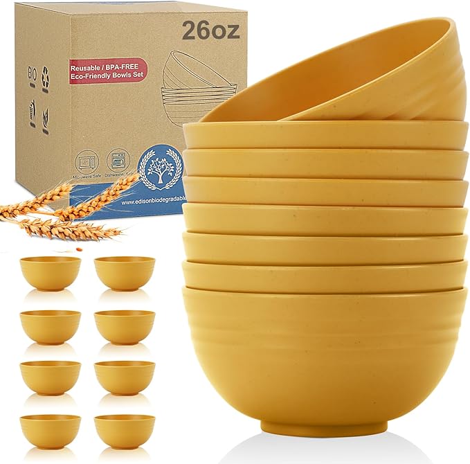 Wheat Straw Bowl Set of 8, Unbreakable Cereal Bowls 26 OZ,Freezer and Dishwasher Safe Bowl Sets,Breakfast Bowls suitable for cereal,salad,snack and soup (Yellow)