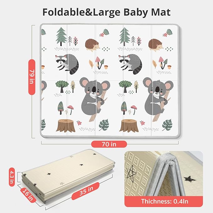 Baby Play Mat, PIGLOG Extra Large Foldable Play Mat for Babies and Toddlers, Infants, Upgraded Tear Proof Baby Crawling Mat, Reversible Waterproof Portable Playmat for Indoor Outdoor 71" x 79", Koala