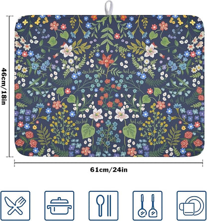 Flower Floral Dish Drying Mat 18x24 inch Microfiber Navy Blue Drying Mats