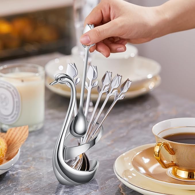 Silver Small Coffee Spoon Holder Set, Swan Base