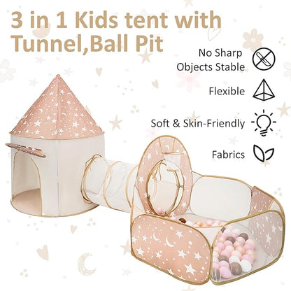 3 in 1 Kids Play Tent with Tunnel, Pop Up Play Tent with Ball Pits for Toddlers and Playhouse Kids Indoor & Outdoor, Perfect Kid’s Gifts