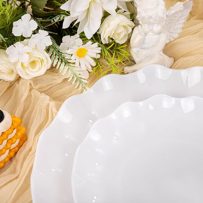 LIYH 24 Pcs White Plastic Plates Reusable - Unbreakable Party Plates, Microwave & Dishwasher Safe Camping Plate Sets Perfect for Parties, Birthday, Picnics, BPA Free (12Guests)