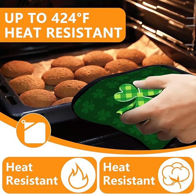 Green Clover Oven Mitts and Pot Holders Sets 4Pcs, Extra Long Oven Gloves