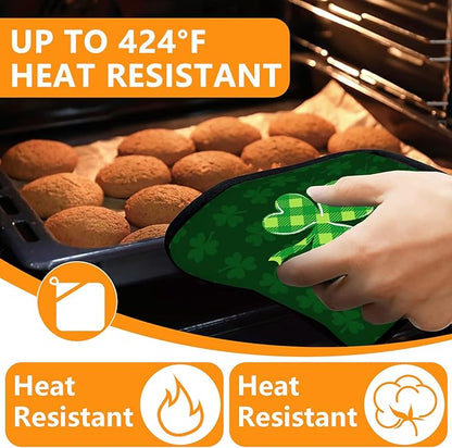 Green Clover Oven Mitts and Pot Holders Sets 4Pcs, Extra Long Oven Gloves
