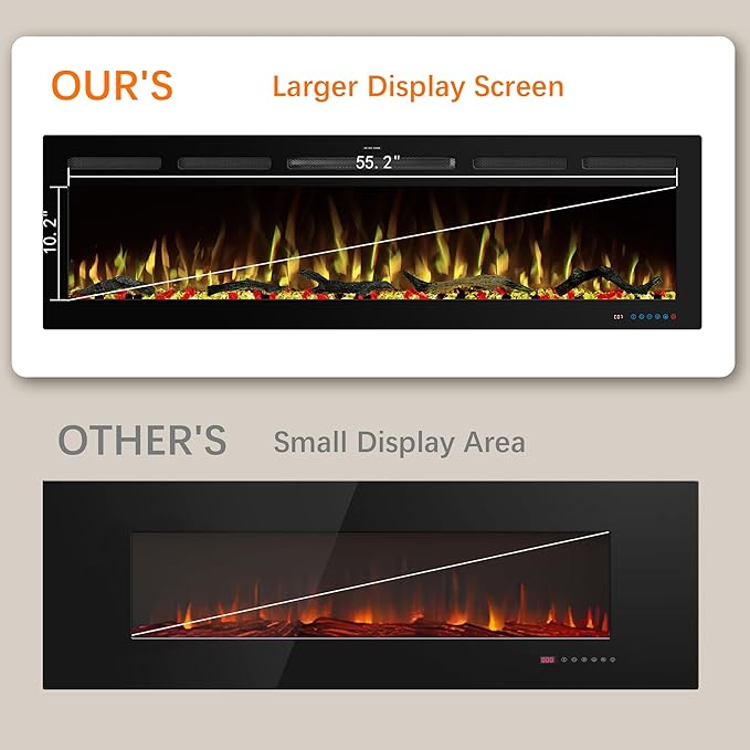 60" WiFi Electric Fireplace Inserts, Recessed and Wall Mounted Fireplace Heater
