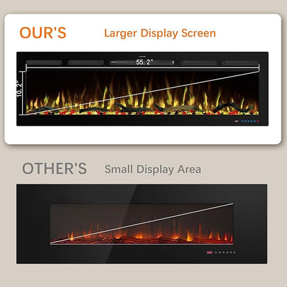 60" WiFi Electric Fireplace Inserts, Recessed and Wall Mounted Fireplace Heater