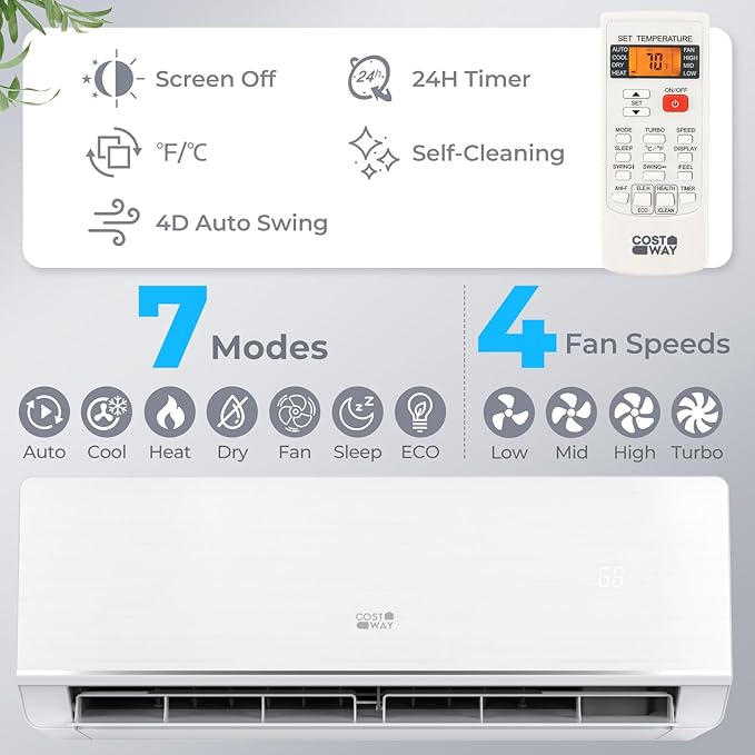 COSTWAY 12000 BTU Mini Split Air Conditioner & Heater, 115V WiFi Enabled 24