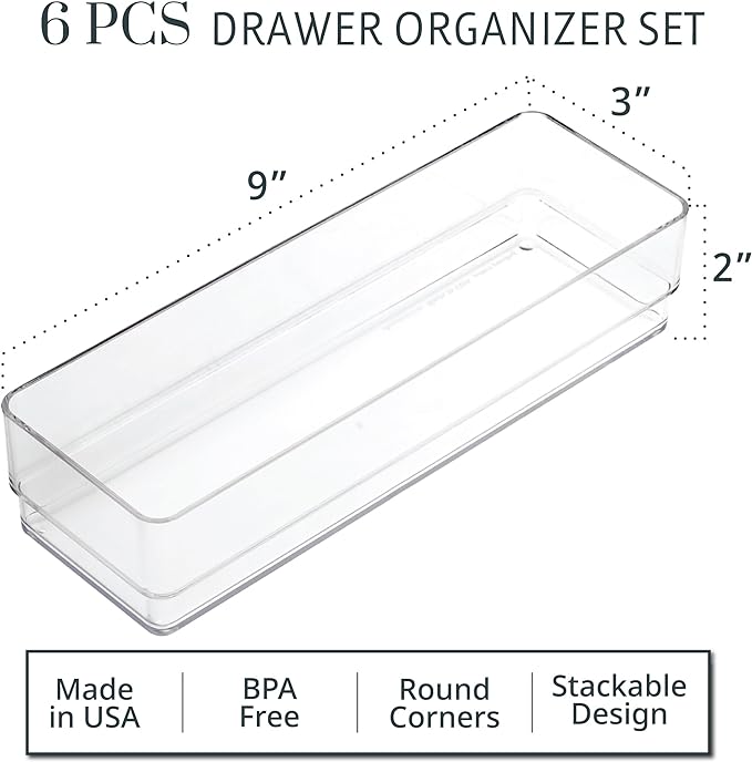 STORi SimpleSort 6-Piece Stackable Clear Drawer Organizer Set | 9" x 3" x 2"