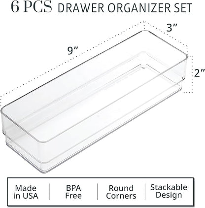 STORi SimpleSort 6-Piece Stackable Clear Drawer Organizer Set | 9" x 3" x 2"