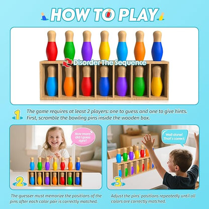 Color Matching Toy Set for Kids, Wooden Bowling Color Matching Game with 7 Bright Pins and Storage Bag, Matching Games for Kids Family Party Birthday Gift, Fun Party Game for Boys Girls