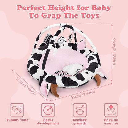 Pink Cow Baby Play Gym,Tummy Time Mat with 6 Sensory Toys, Extra Thick Soft Baby Play Mat for Floor, Newborn Essentials Christmas Gift 0-3-6-9-12 Months