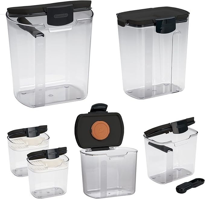 Progressive ProKeeper Baker's Airtight Kitchen Storage Canister Container Set for Flour, Sugar & More, Keeps Ingredients Fresh, with Accessories (Black, 6- Piece)
