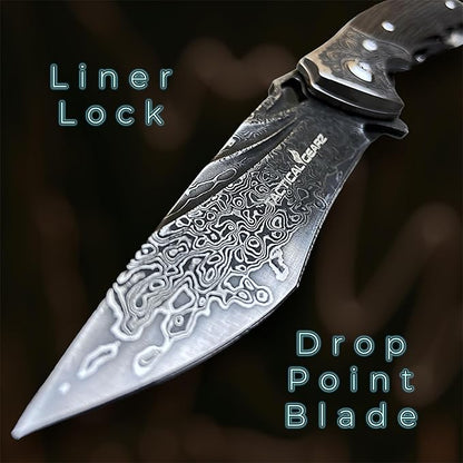 TACTICAL GEARZ Damascus Pocket Knife, Ebony Handle w/Carved Steel Head, Multi-Layered Damascus Steel VG10 Blade, Includes Stitched Leather Sheath (Kratos XT)