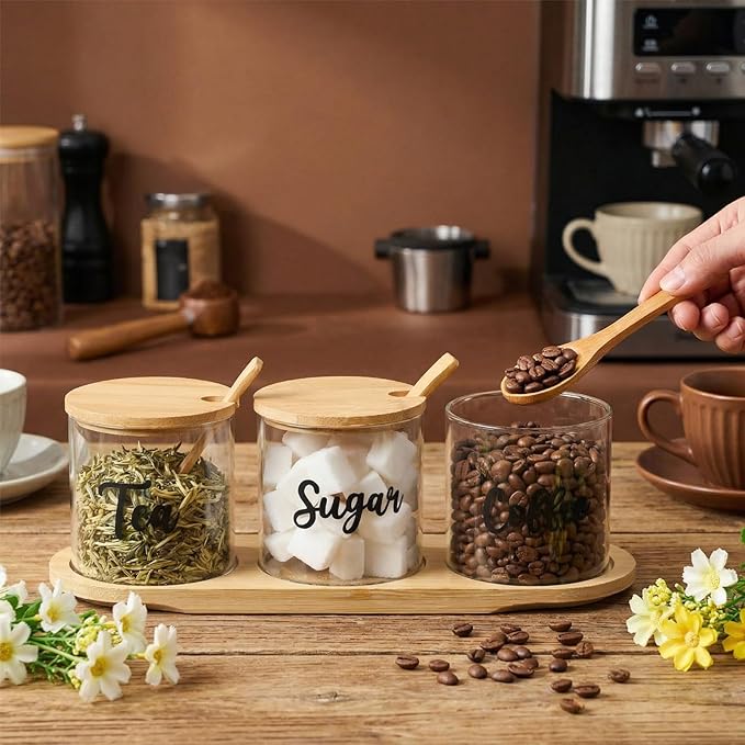 LemonRoad 3 Pack Coffee Sugar Tea Container Set Glass Jars